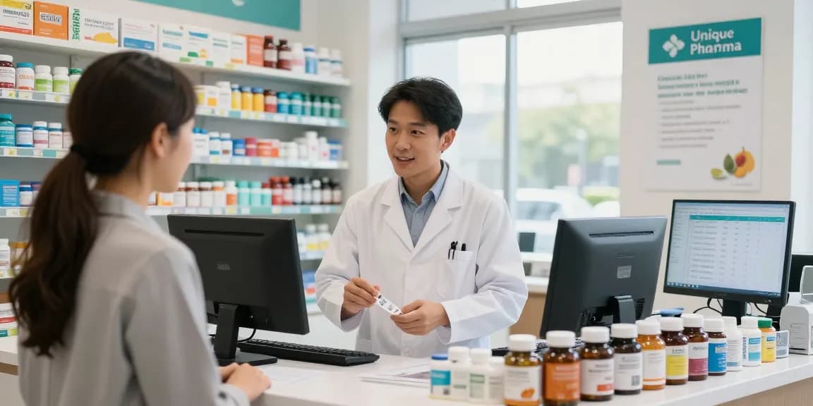 Beratung zwischen einem Apotheker und einem Kunden im Unique Pharma Shop über hochwertige Gesundheitsprodukte und Nahrungsergänzungsmittel.