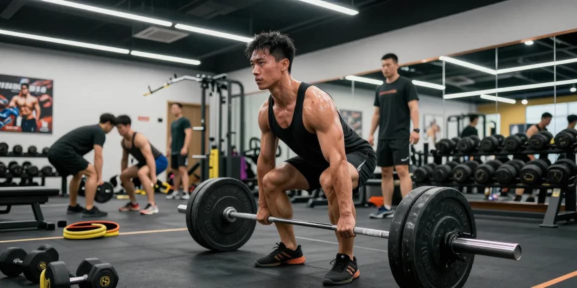 Deus Medical bietet hochwertige Anabolika in einem modernen Fitnessstudio, wo Bodybuilder mit schwerem Gewicht trainieren.