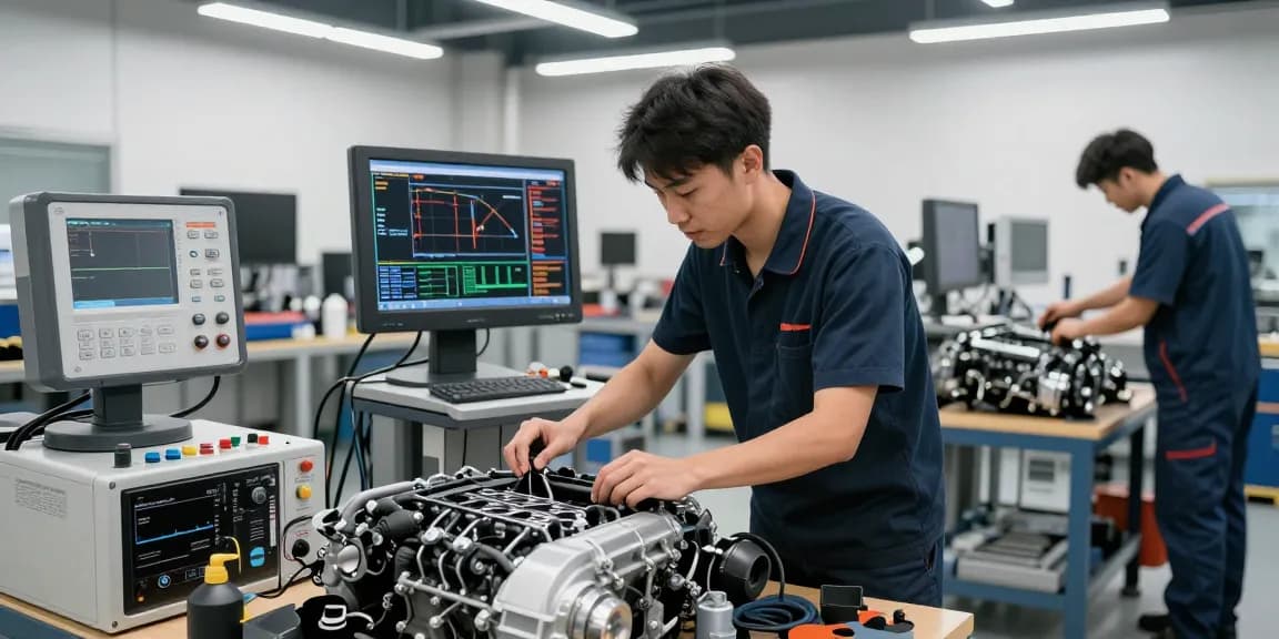 Professioneller Mechaniker in einer BMW Werkstatt in Hannover, der ein Auto wartet und analoge Diagnosegeräte verwendet.
