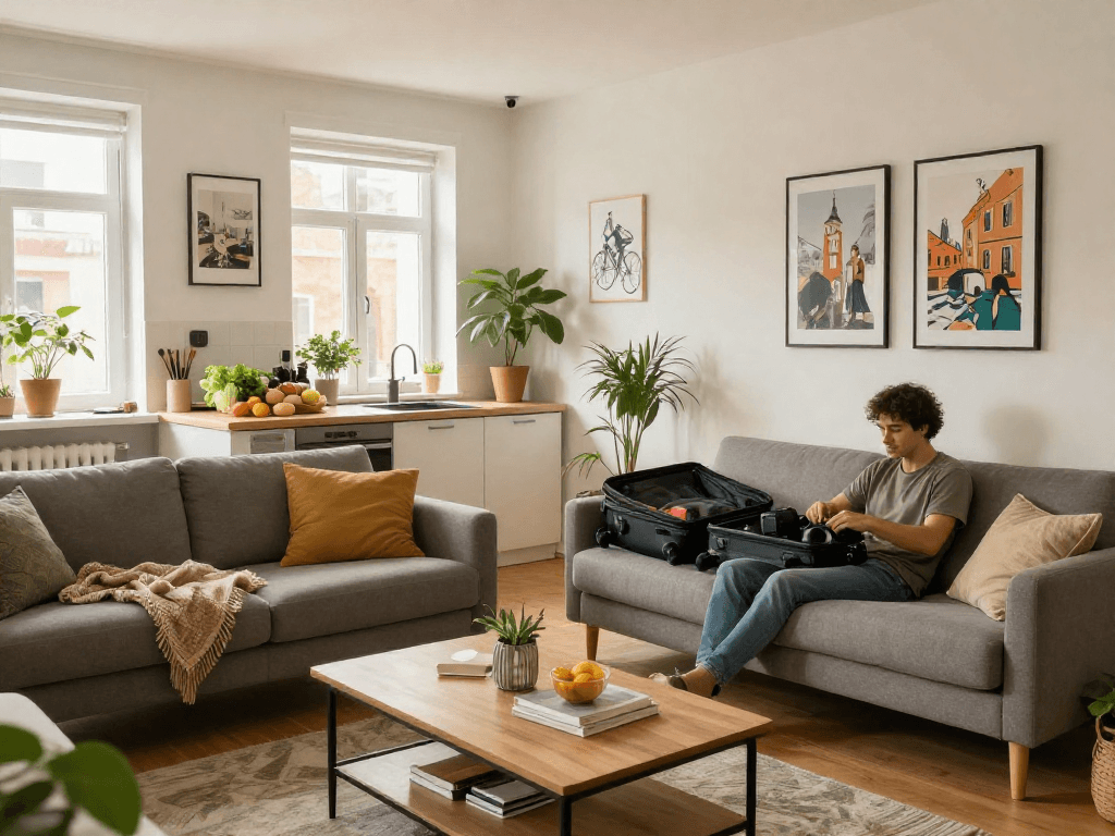 Helle und einladende Monteurzimmer Hannover mit modernem Wohnbereich und Küche.