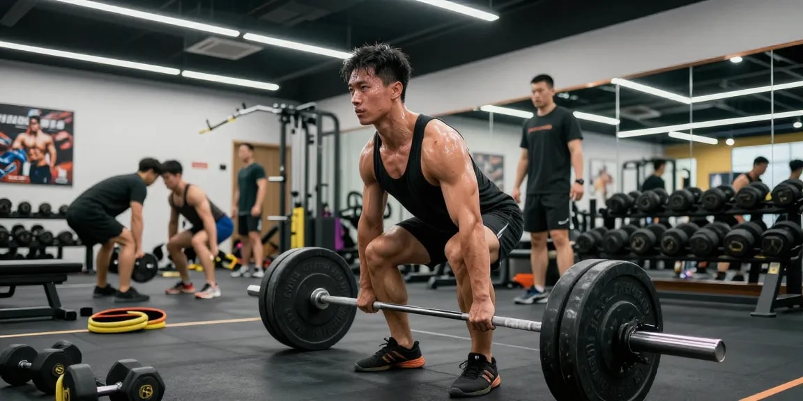 Deus Medical bietet hochwertige Anabolika in einem modernen Fitnessstudio, wo Bodybuilder mit schwerem Gewicht trainieren.