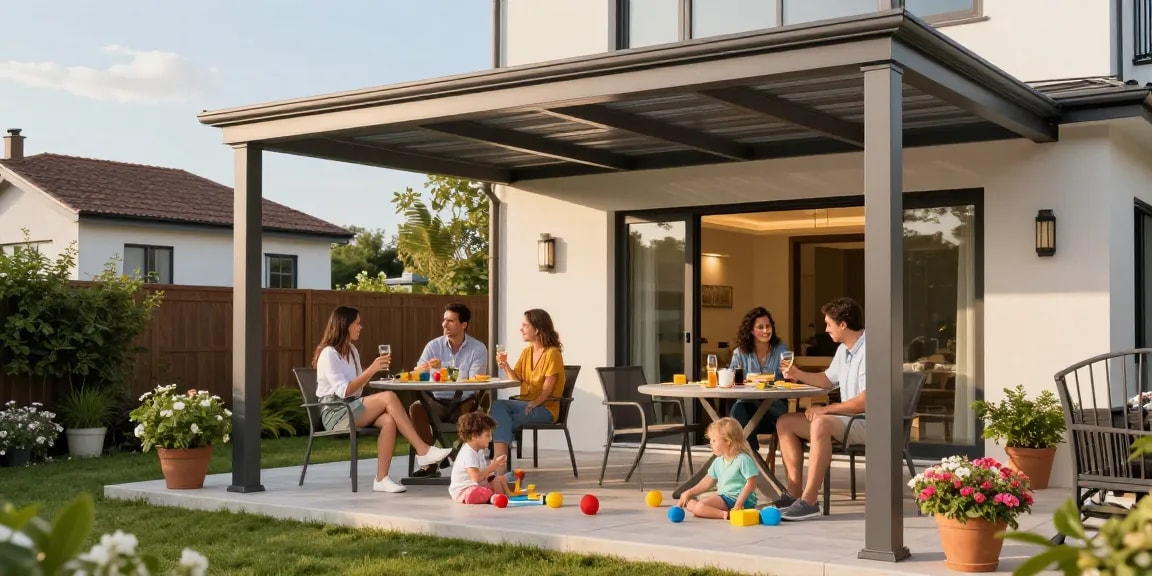 Familie genießt die Freizeit unter einer modernen Terrassenüberdachung im Garten.