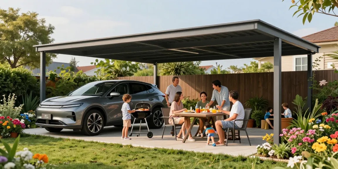 Moderne Carport-Anlage mit Familie beim BBQ in einem blühenden Garten.