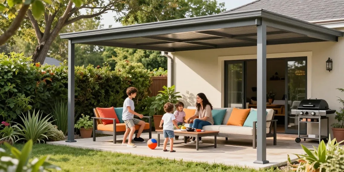 Gemütliche Terrasse mit Terrassenüberdachungen, Familie genießt den Nachmittag im Garten unter dem modernen Überdach.