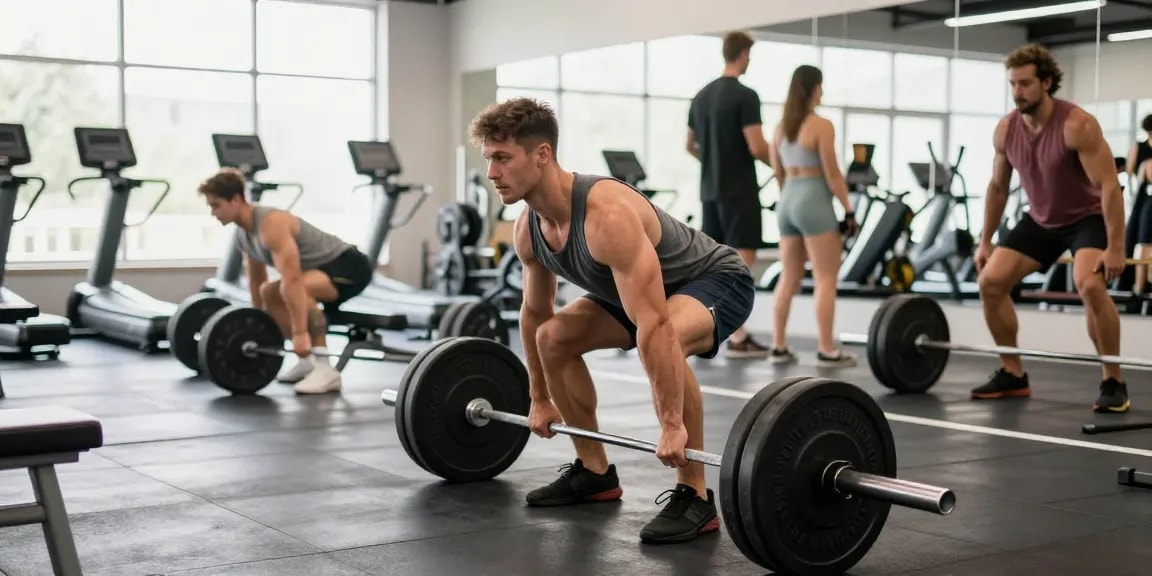 Im Anabolika Shop Deutschland trainiert ein Bodybuilder mit Gewichten in einem hellen Fitnessstudio.