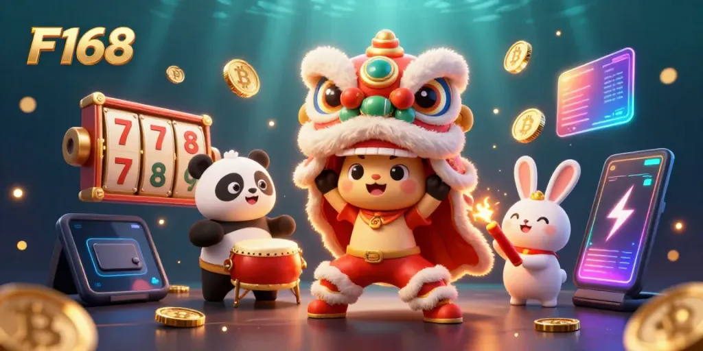Experience the vibrant F168 lion dance with animated casino elements enhancing the festive atmosphere.