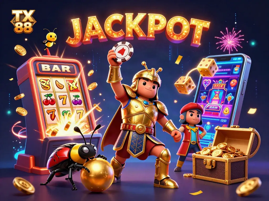 Play exciting casino games at TX 88, featuring a vibrant scene with beetles and jackpot elements.
