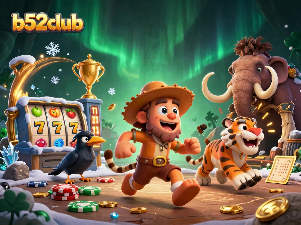 Bets soar as b52club takes center stage with a vibrant prehistoric casino scene featuring a caveman and sabertooth duo.