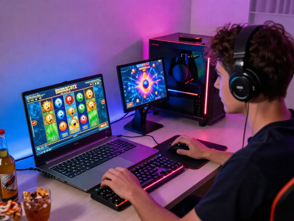 Engaged player enjoying the GGSOFT slot game experience with vibrant graphics on a laptop.