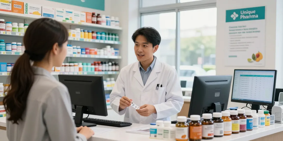 Beratung zwischen einem Apotheker und einem Kunden im Unique Pharma Shop über hochwertige Gesundheitsprodukte und Nahrungsergänzungsmittel.