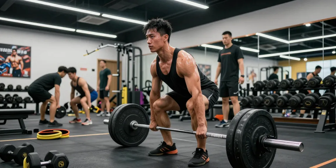 Deus Medical bietet hochwertige Anabolika in einem modernen Fitnessstudio, wo Bodybuilder mit schwerem Gewicht trainieren.