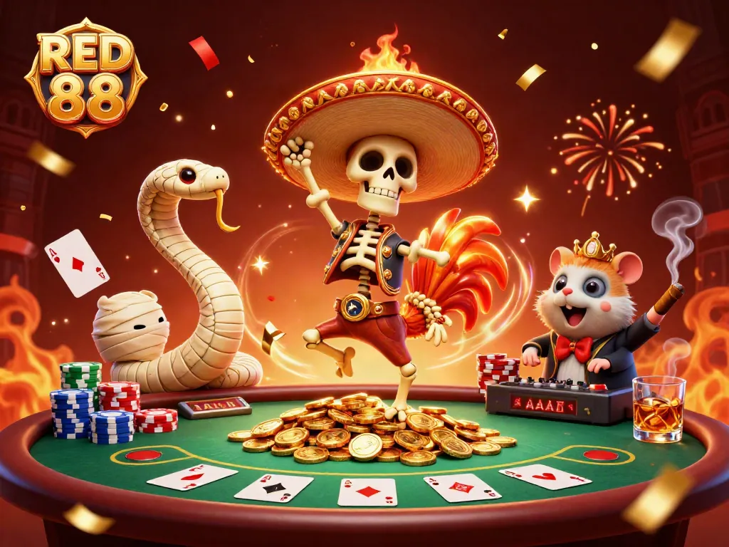 Experience the vibrant RED 88 casino scene filled with energetic characters and dynamic gambling elements.