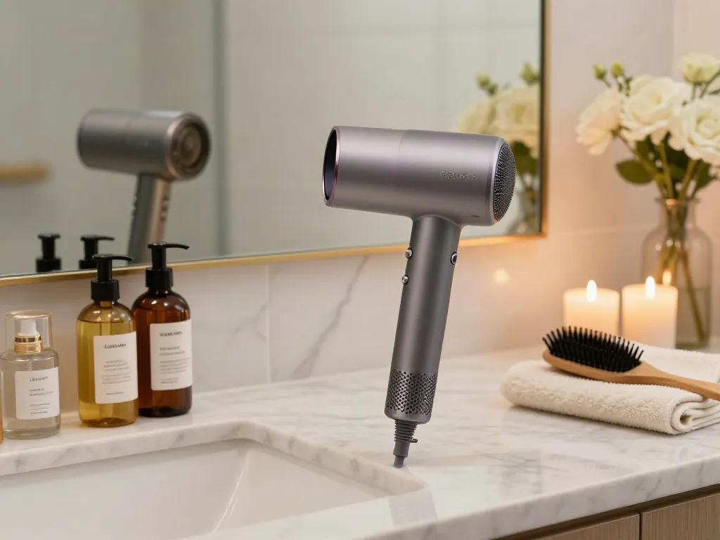 Elegantes Badezimmer mit ionen haartrockner und luxuriösen Haarpflegeprodukten.
