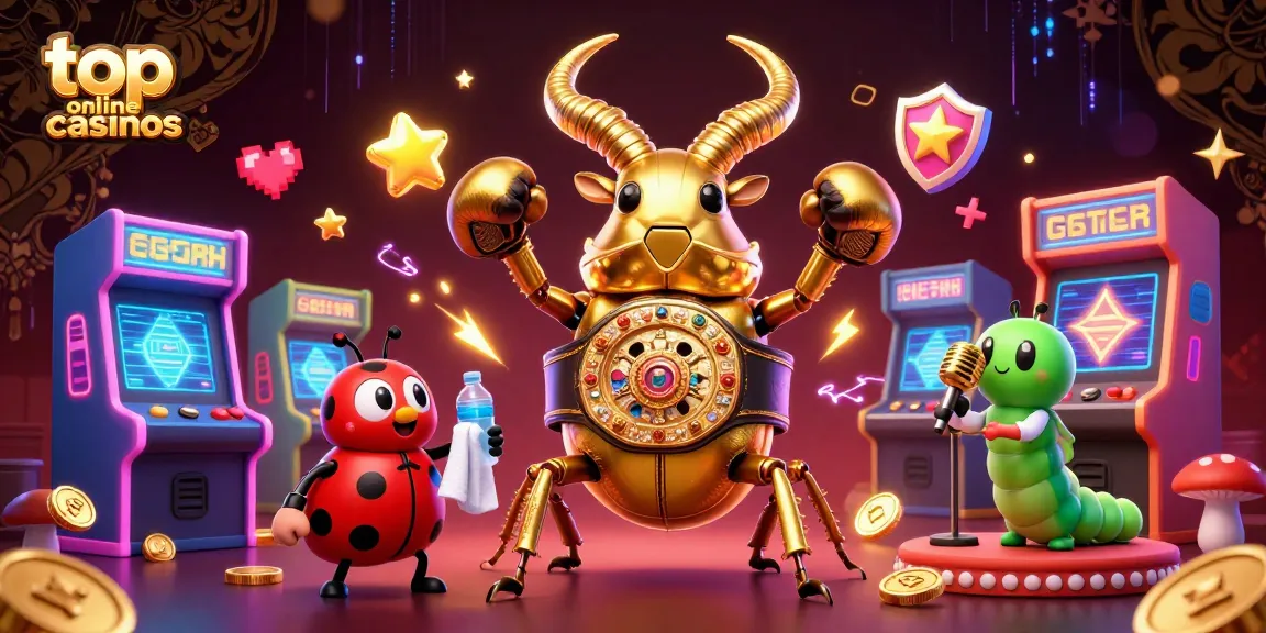 Experience top online casinos with a vibrant 3D illustration of a championship boxing beetle and engaging gaming elements.