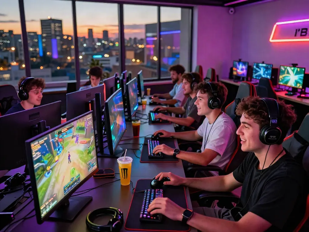 rokok88 daftar gaming lounge with players enjoying diverse games in a vibrant atmosphere