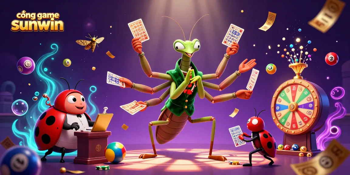 Cống game sunwin brings excitement with a giant praying mantis card sharp and a ladybug pit boss in a dynamic casino scene.