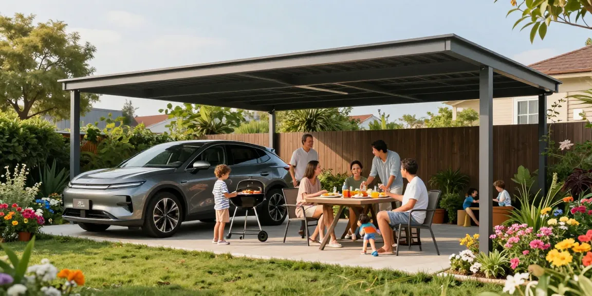 Moderne Carport-Anlage mit Familie beim BBQ in einem blühenden Garten.