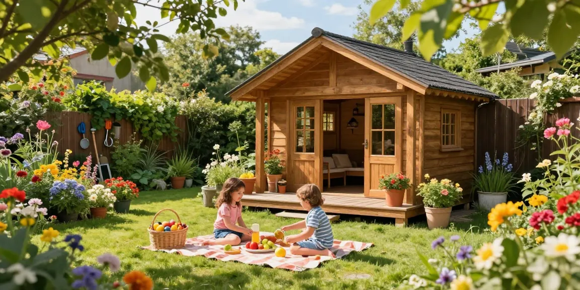Garten Haus in einem einladenden Garten mit Familienpicknick und blühenden Pflanzen.