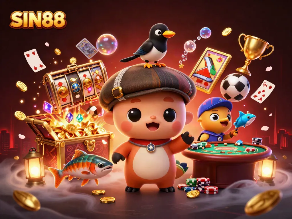 SIN88 offers thrilling gambling excitement with playful characters and vibrant casino elements in a dynamic scene.