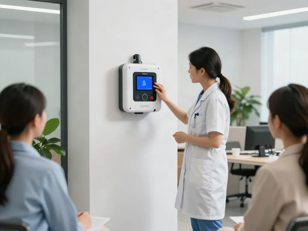 Defibrillator im Büro, Sicherheitsdemonstration durch Techniker, moderne Atmosphäre.