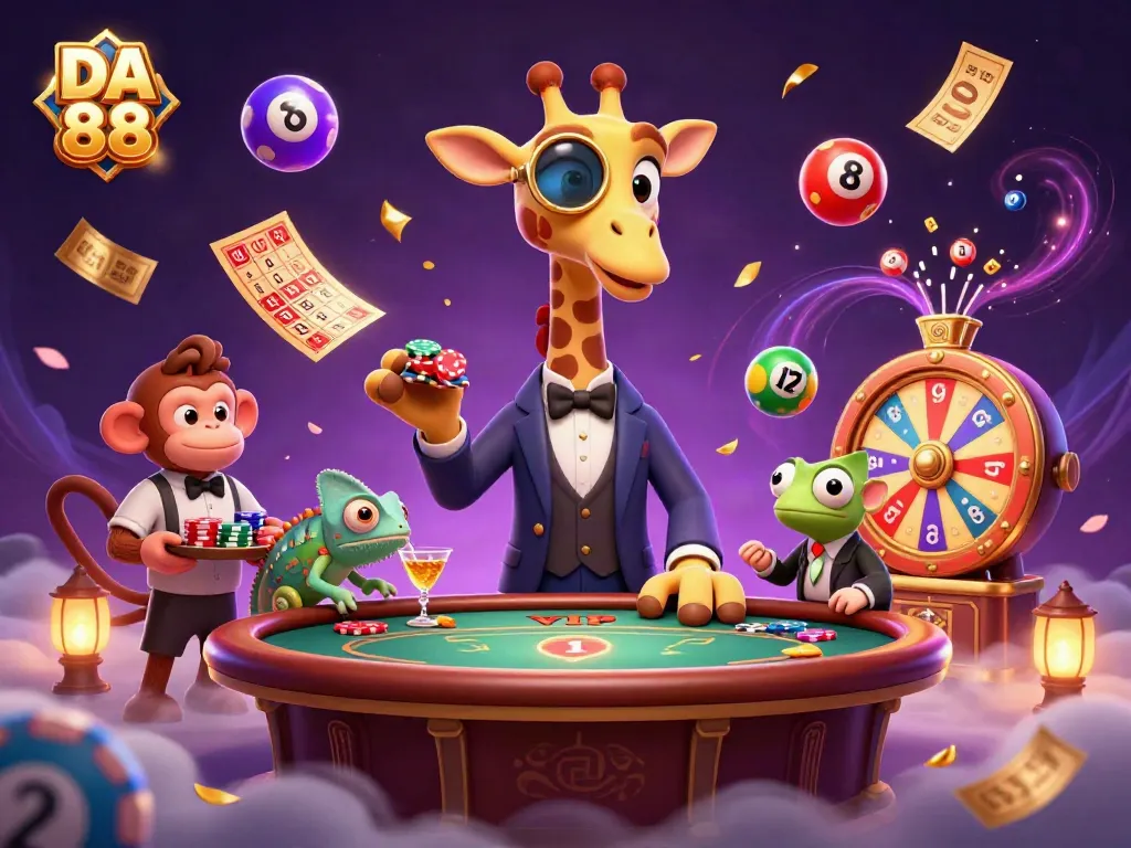 Engage with DA 88 in a vibrant casino scene featuring a high-roller giraffe, monkey valet, and chameleon bartender