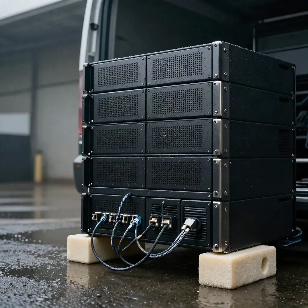 Nass glänzende Servermodule auf Schaumblöcken in einer verregneten Laderampe