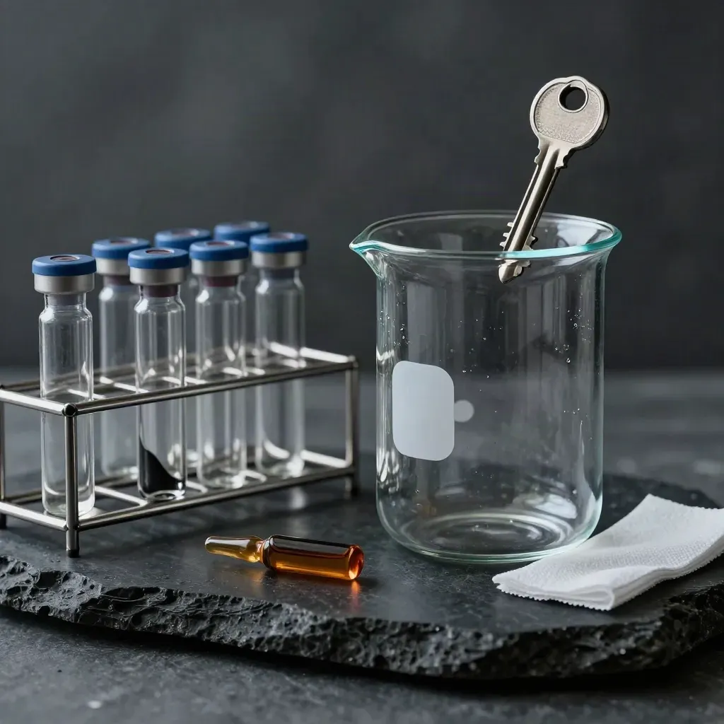 Laborvials, Glasbecher und Edelstahlrack auf dunklem Stein im dramatischen Seitenlicht.