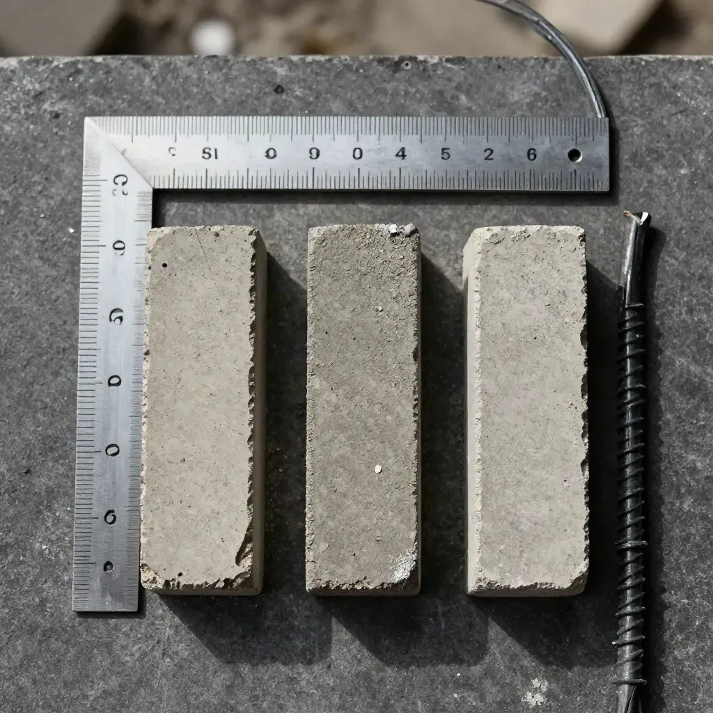 Draufsicht auf Beton-Kernproben, Stahlsquare und Bindedraht auf grauer Fläche.