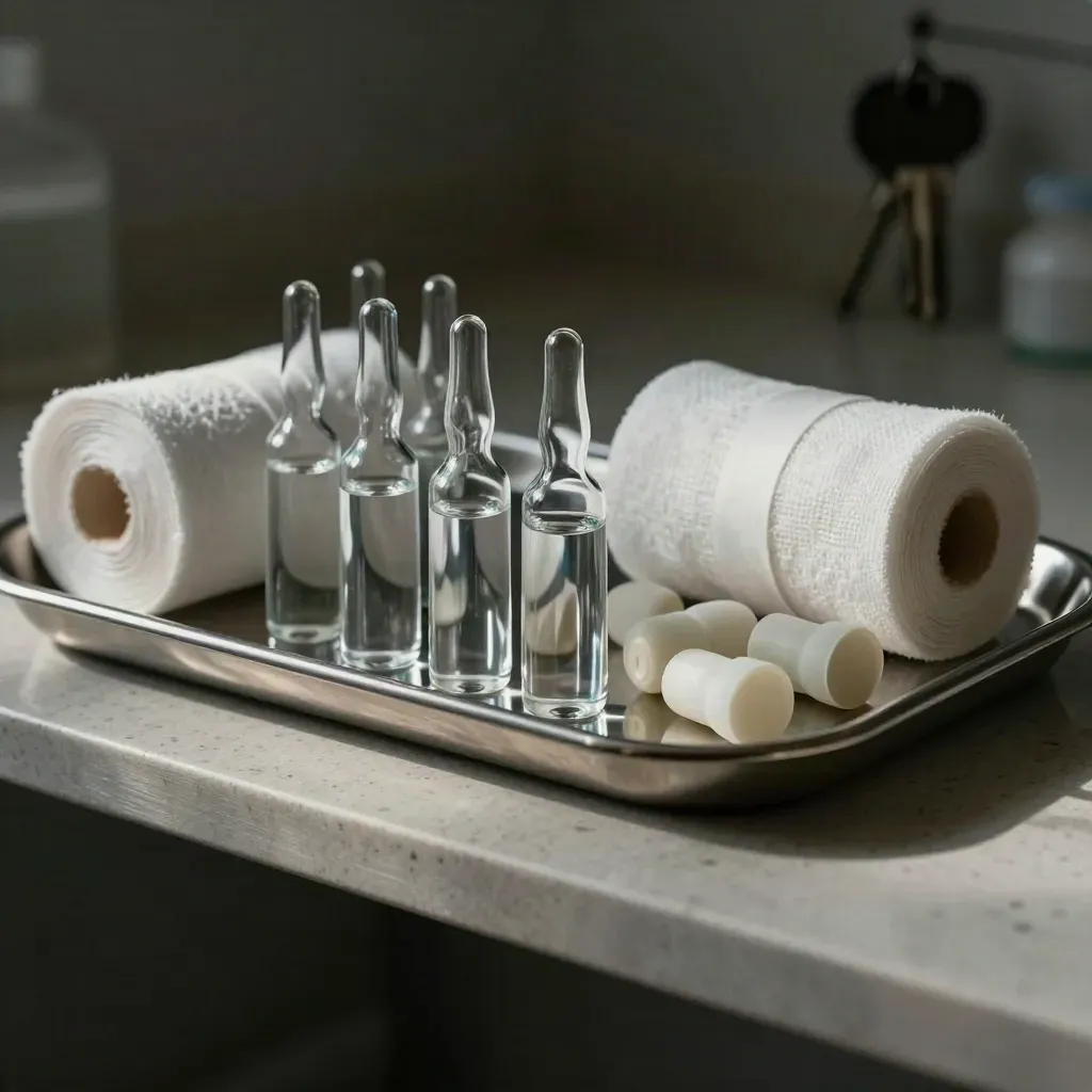 Steriles Klinik-Set mit Ampullen, Mullrollen und Gummistopfen auf Metalltablett.