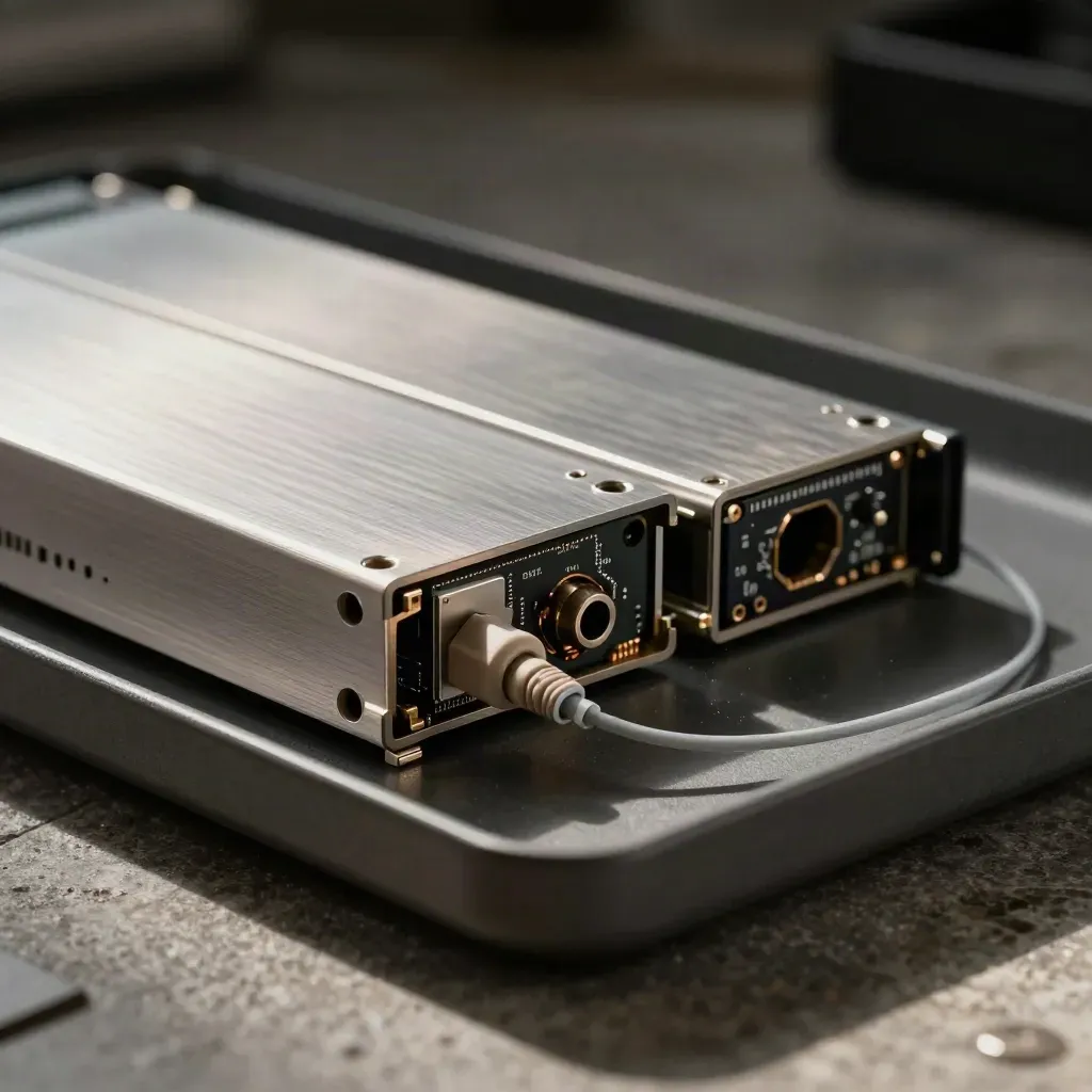 Makro eines Servergehäuses mit halb ausgezogenem SSD-Schlitten und Glasfaser-Kuppler.