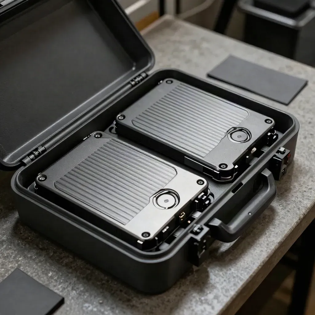 Zwei LTO-Backup-Kassetten liegen halb in einer matten Aufbewahrungsbox auf grauem Stein.