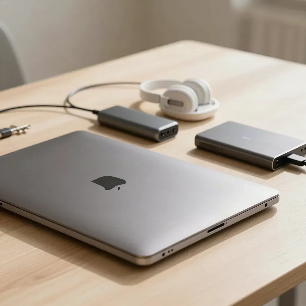Ultrabook, Dock, Headset und SSD auf hellem Holz im Makro.