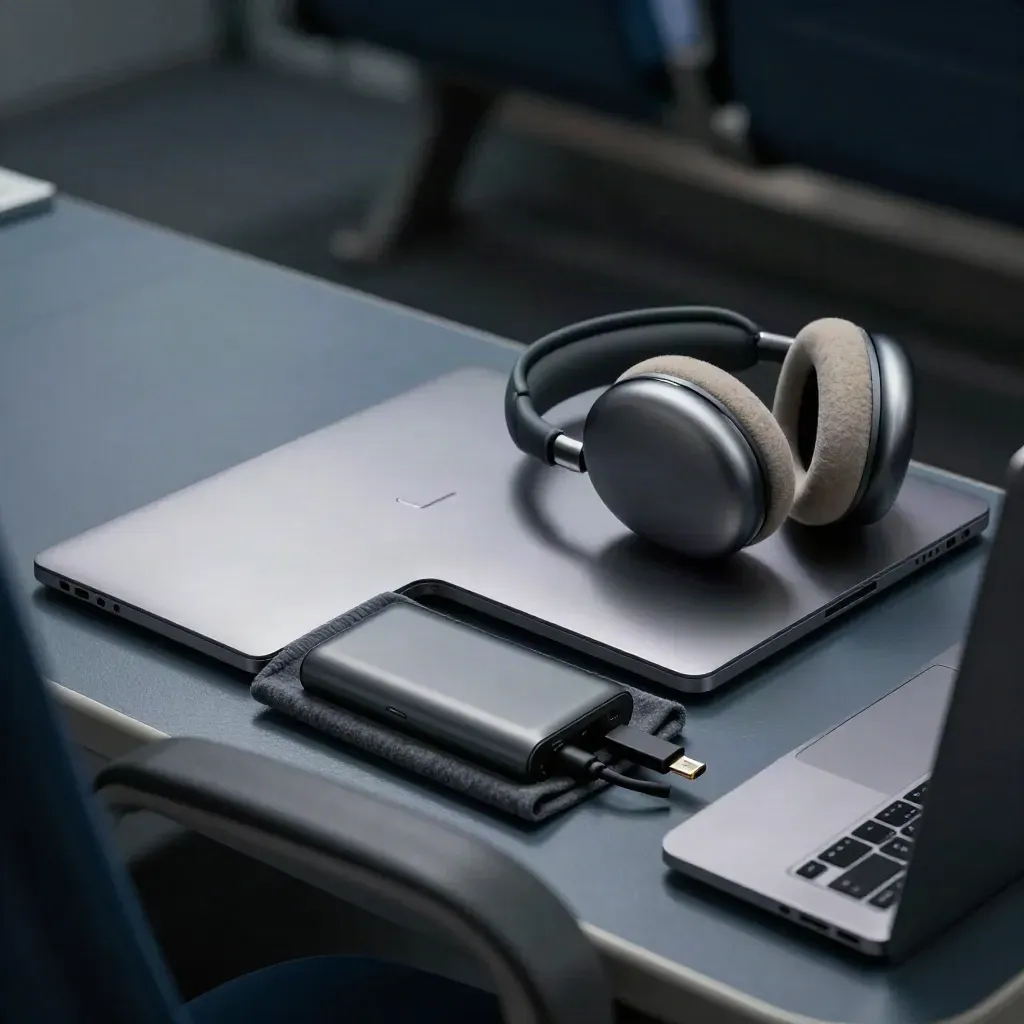 Reisekit fürs Homeoffice mit Laptop, Headset, SSD und Powerbank auf einem Zugtablett.