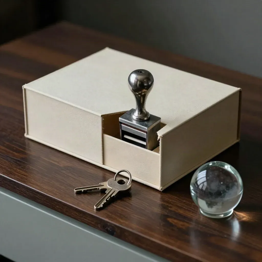 Archivbox, Stahlstempel, Schlüsselring und Glas-Papiergewicht auf dunklem Schreibtisch.