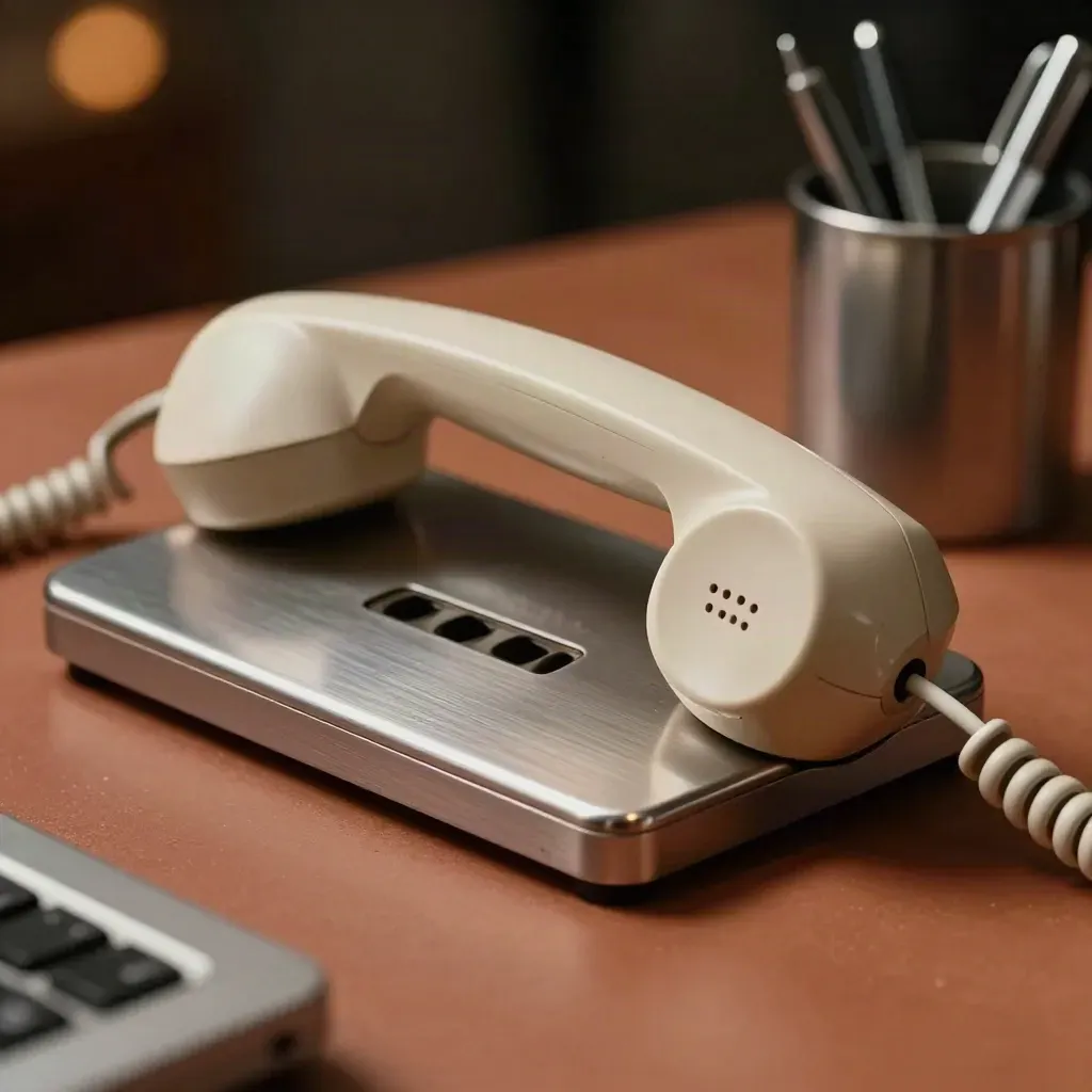 Telefonhörer, Metall-Postfach und Stiftebecher auf warmem Schreibtischlicht.