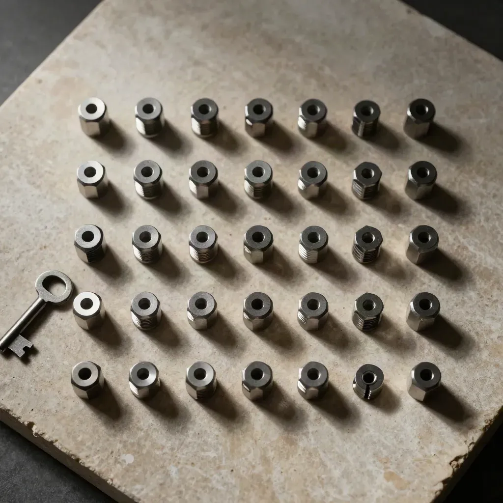 Top-down Stillleben mit Metallverbindern, Dübeln und Dovetail-Blöcken auf Stein.