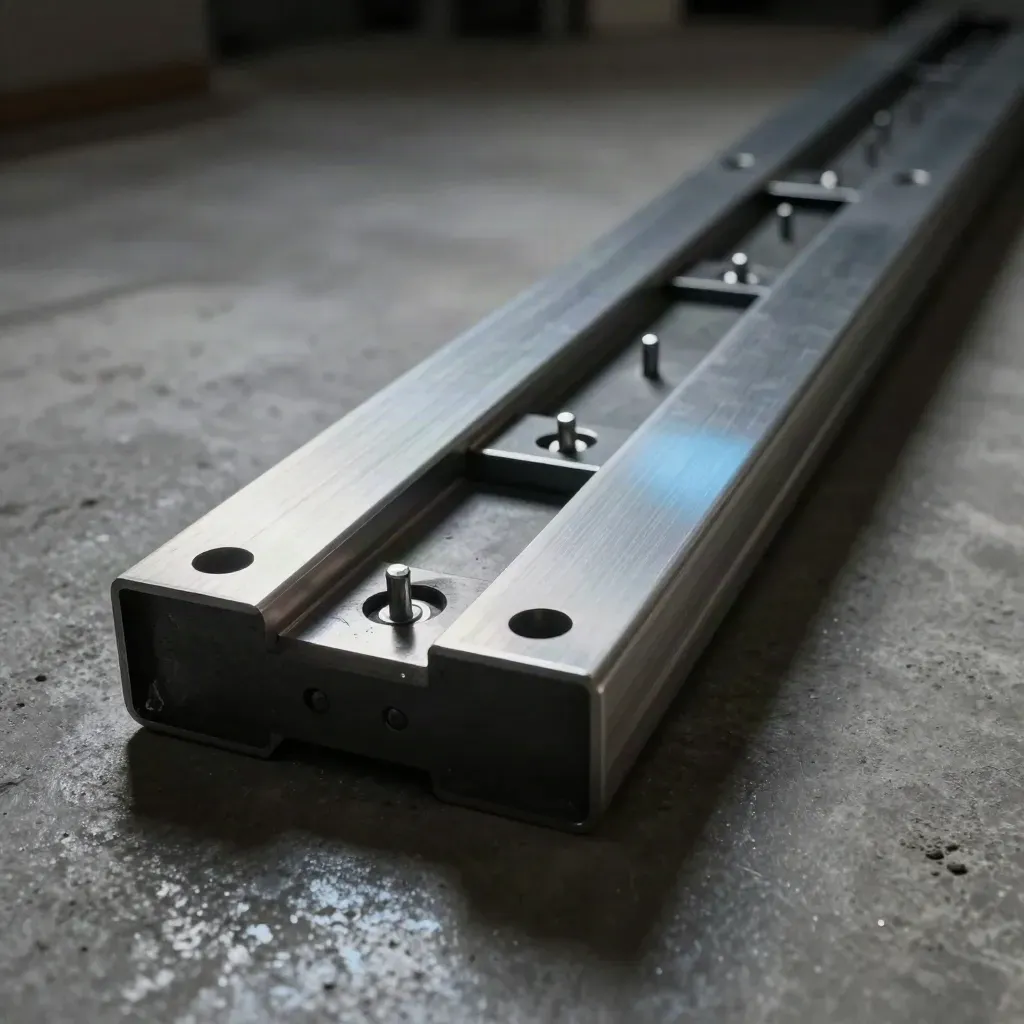 Aluminium-Schienen, Pins und Abstandshalter auf rauem Beton, von schrägem Licht gestreift.