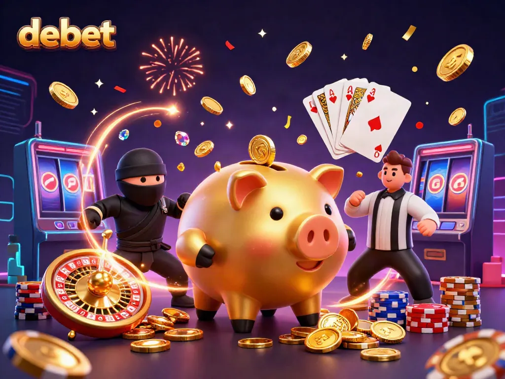Watch the golden piggy bank sumo wrestler shake loose coins in the thrilling debet casino scene.