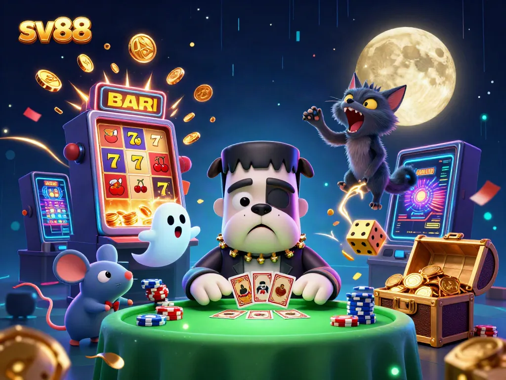 Engage in thrilling betting action at sv88 with a cartoon Frankenstein bulldog dealer, ghostly chips, and vibrant casino elements.
