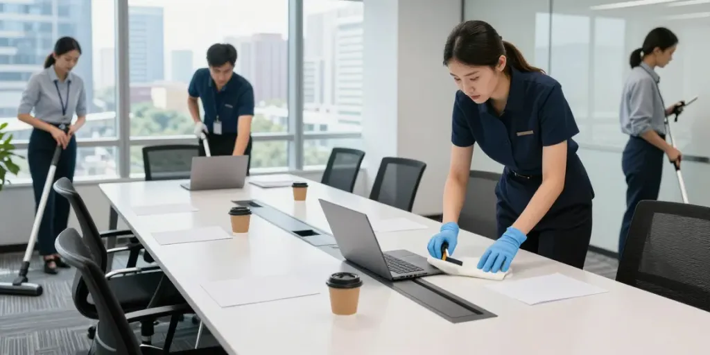 Professionelle Unterhaltsreinigung Düsseldorf in einem modernen Büro mit einem Reinigungsteam, das den Konferenztisch reinigt.