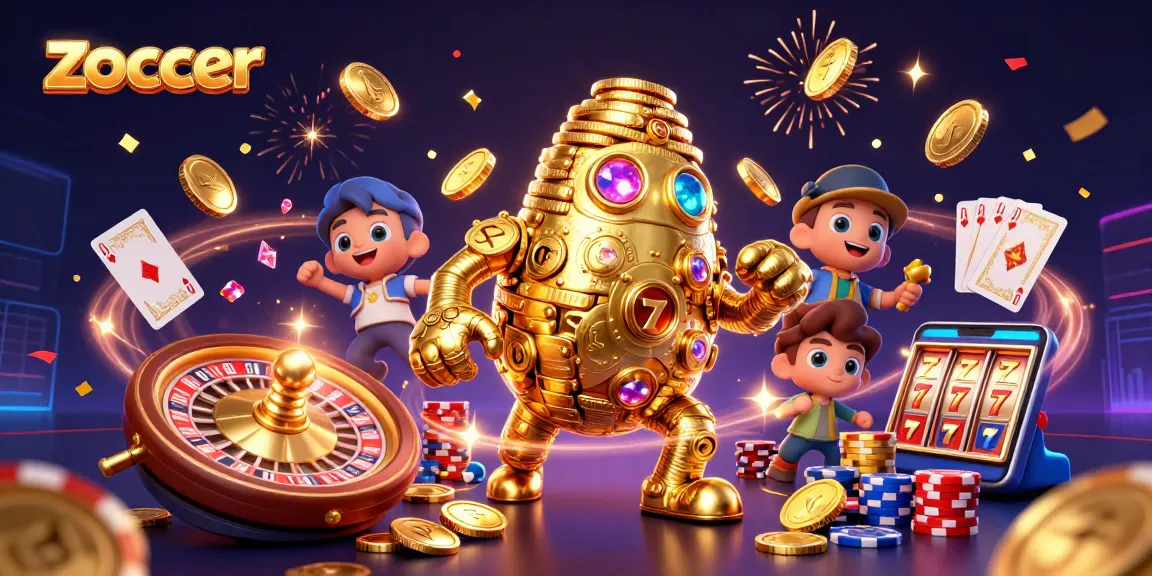 Zoccer brings excitement with a golden golem, coins, and thrilling casino elements in an energetic scene.