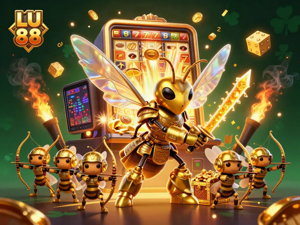 Experience thrilling wins with LU 88's dynamic casino scene showcasing golden hornets and exciting game elements.