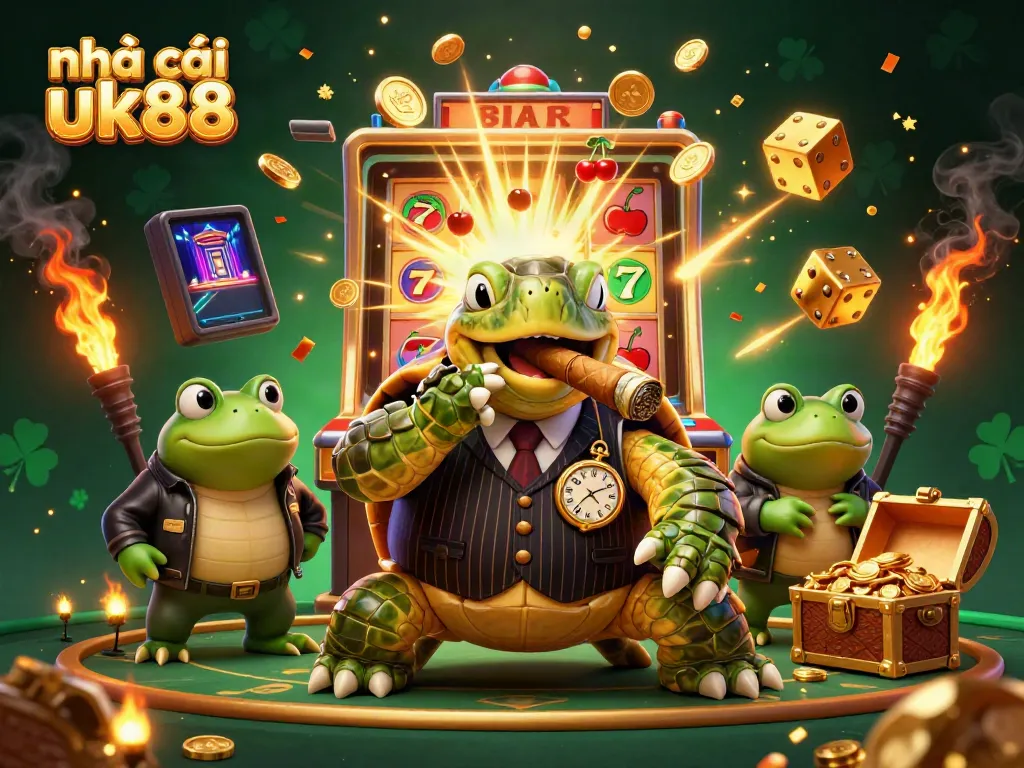 Engage with the exciting world of nhà cái uk88, featuring a 3D cartoon turtle and bullfrogs amidst casino elements and golden treasures.
