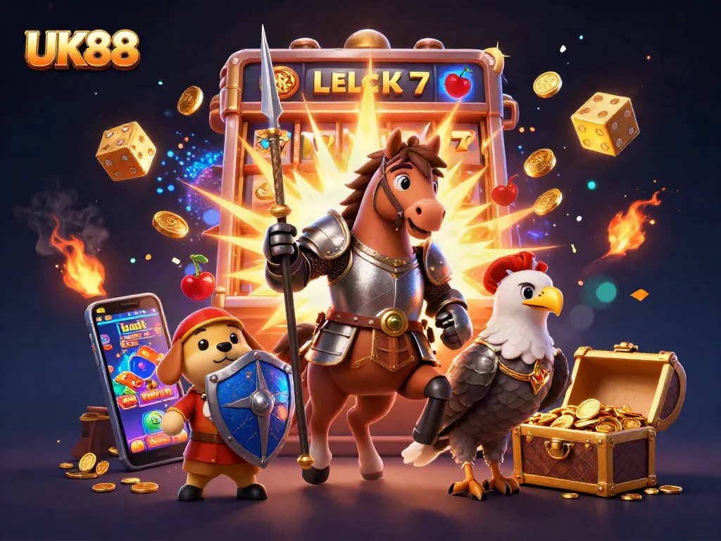 Experience thrills with UK88 as the knight and his companions celebrate a jackpot victory amidst casino excitement.