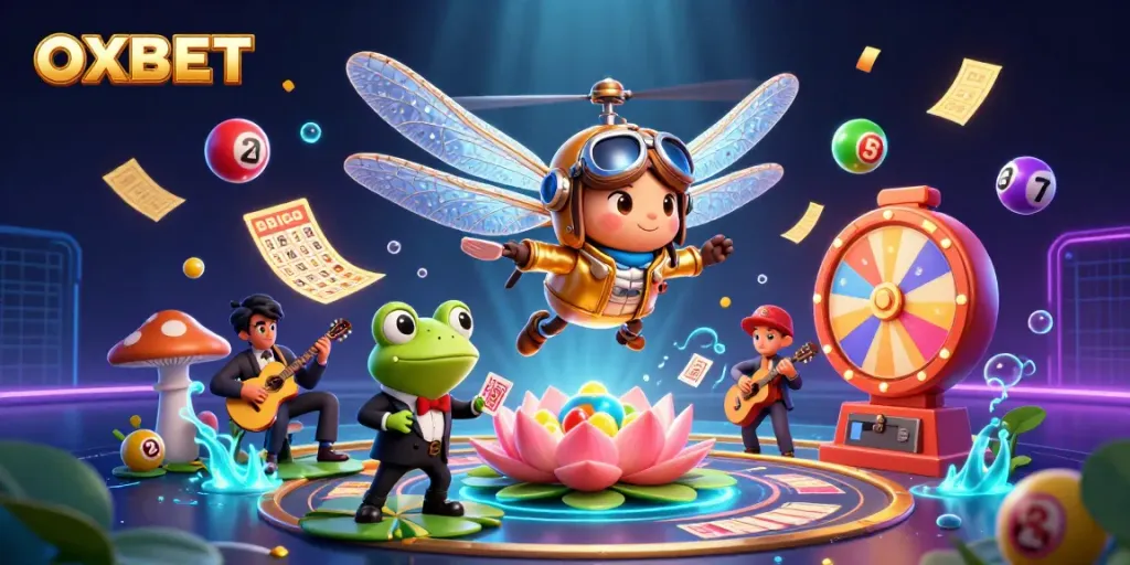 Experience the excitement of OXBET with a vibrant casino scene featuring a dragonfly pilot and frog croupier.