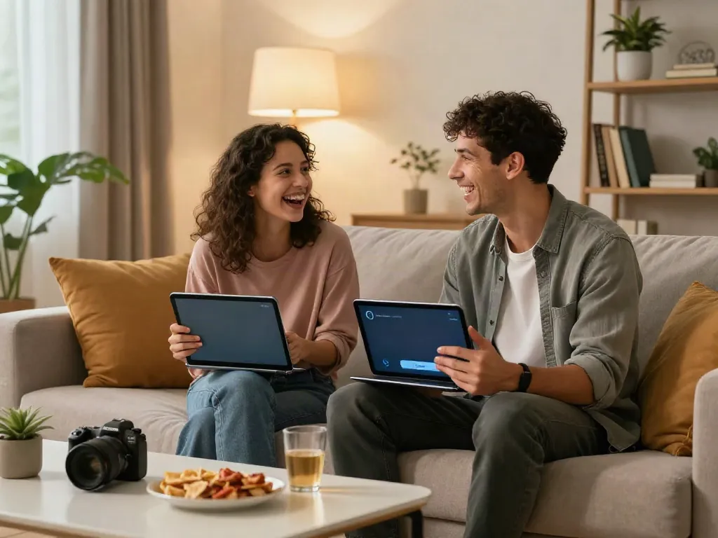 Couple enjoying a spicy chat session with AI chatbots in a modern living room.